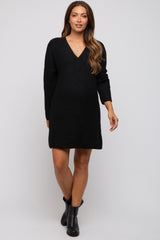 Black V-Neck Oversized Maternity Sweater Dress