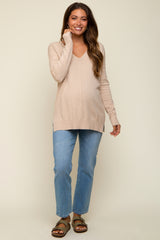 Beige Long Sleeve Side Slit Maternity Sweater