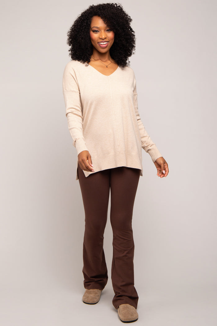 Beige Long Sleeve Side Slit Sweater