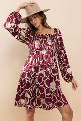 Burgundy Floral Satin Long Sleeve Dress