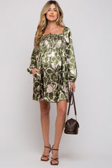 Olive Floral Satin Long Sleeve Maternity Dress