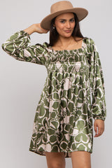 Olive Floral Satin Long Sleeve Dress