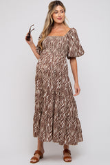 Brown Printed Smocked Maternity Maxi Dress