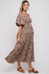 Brown Printed Smocked Maternity Maxi Dress