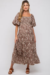 Brown Printed Smocked Maternity Maxi Dress