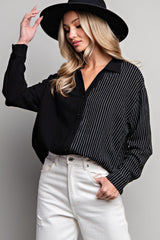 Black Half Stripe Button Down Top