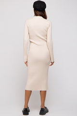 Beige Ribbed Knit Collared Long Sleeve Maternity Midi Dress