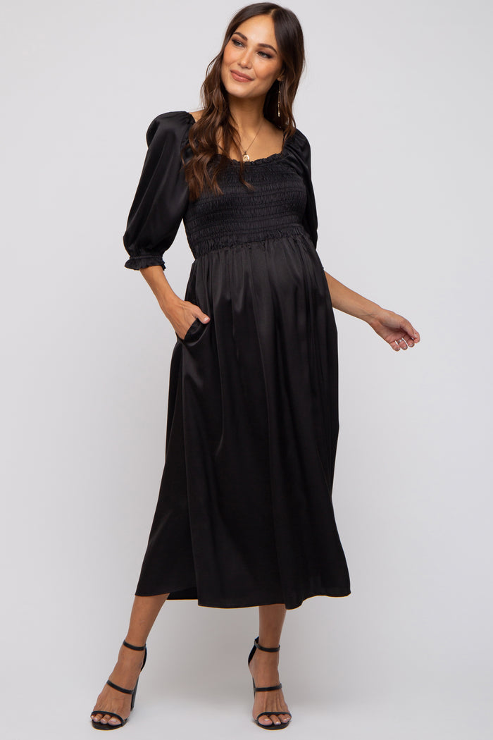 Black Satin Smocked Maternity Midi Dress
