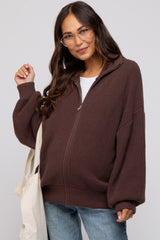 Brown Oversized Zip Up Maternity Cardigan