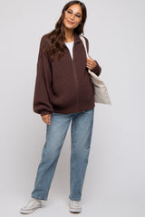 Brown Oversized Zip Up Maternity Cardigan