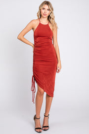 Rust Ruched Side Asymmetrical Midi Dress