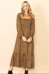 Camel Leopard Print Square Neck Smocked Maternity Midi Dress