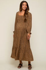 Camel Leopard Print Square Neck Smocked Maternity Midi Dress