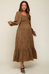 Camel Leopard Print Square Neck Smocked Maternity Midi Dress