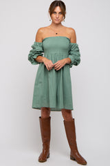 Green Smocked Off Shoulder Long Sleeve Dress