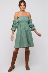 Green Smocked Off Shoulder Long Sleeve Dress