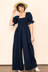 Navy Smocked Square Neck Wide Leg Maternity Jumpsuit