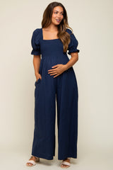 Navy Smocked Square Neck Wide Leg Maternity Jumpsuit