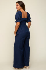 Navy Smocked Square Neck Wide Leg Maternity Jumpsuit