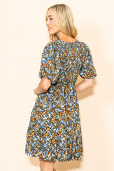 Brown Floral Smocked Puff Sleeve Dress