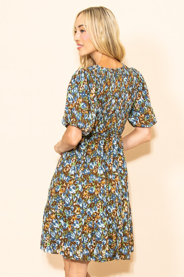 Brown Floral Smocked Puff Sleeve Dress