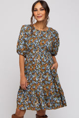 Brown Floral Smocked Puff Sleeve Maternity Dress