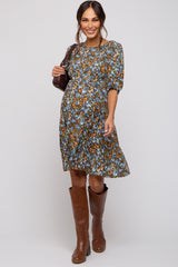 Brown Floral Smocked Puff Sleeve Maternity Dress