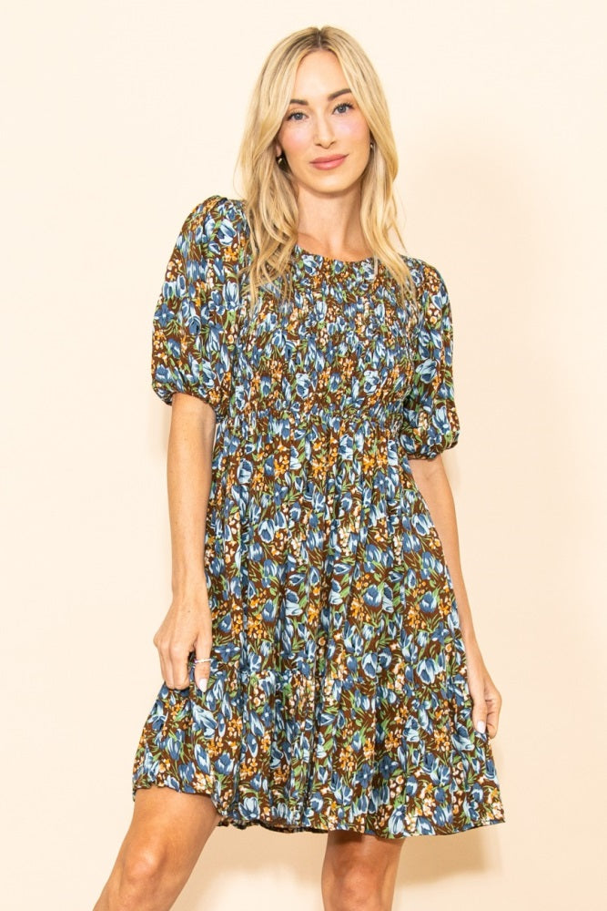 Brown Floral Smocked Puff Sleeve Maternity Dress