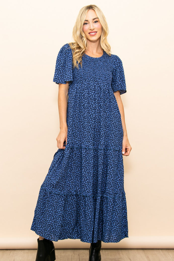 Blue Ditsy Floral Smocked Ruffle Tiered Midi Dress