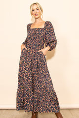 Navy Blue Floral Square Neck Ruffle Maternity Maxi Dress