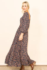 Navy Blue Floral Square Neck Ruffle Maxi Dress