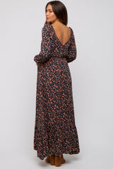 Navy Blue Floral Square Neck Ruffle Maternity Maxi Dress