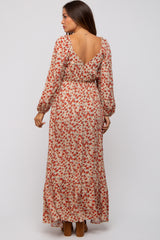 Beige Floral Square Neck Ruffle Maternity Maxi Dress