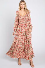 Beige Floral Square Neck Ruffle Maternity Maxi Dress