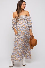 Taupe Floral Print Off Shoulder Smocked Maternity Maxi Dress