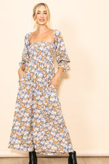 Taupe Floral Print Off Shoulder Smocked Maternity Maxi Dress