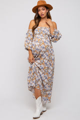 Taupe Floral Print Off Shoulder Smocked Maternity Maxi Dress