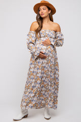 Taupe Floral Print Off Shoulder Smocked Maternity Maxi Dress