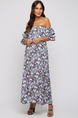 Black Floral Print Off Shoulder Smocked Maternity Maxi Dress