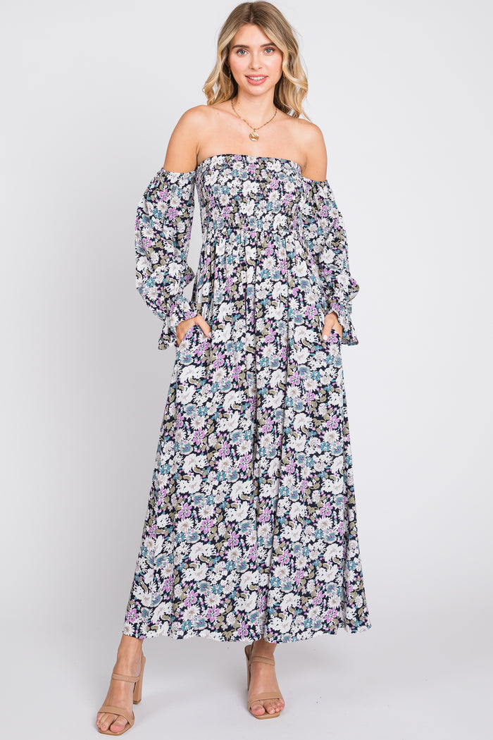 Black Floral Print Off Shoulder Smocked Maxi Dress