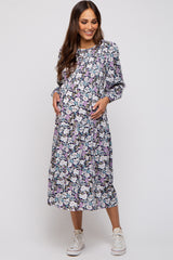 Black Floral Smocked Tiered Maternity Midi Dress