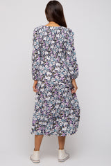 Black Floral Smocked Tiered Maternity Midi Dress