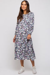 Black Floral Smocked Tiered Maternity Midi Dress