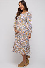 Taupe Floral Smocked Tiered Maternity Midi Dress