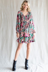 Pink Paisley Smocked Long Sleeve Dress