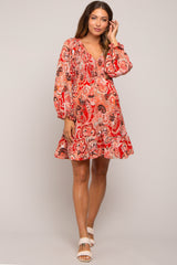 Red Paisley Smocked Long Sleeve Maternity Dress