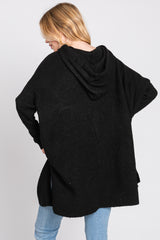 Black Knit Hooded Side Slit Sweater