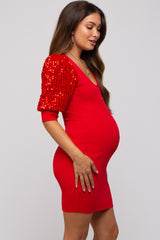 Red Ribbed Sequin Puff Sleeve Maternity Dress