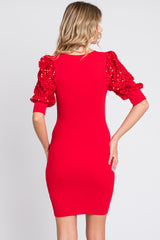 Red Ribbed Sequin Puff Sleeve Dress