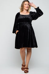 Black Velour Square Neck Maternity Plus Dress